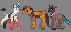 Size: 2048x923 | Tagged: safe, artist:creedei, derpibooru import, ponified, changeling, pegasus, pony, unicorn, gray background, image, jpeg, leonine tail, male, medic, simple background, sniper, spy, stallion, tail, team fortress 2, text, trio, unshorn fetlocks