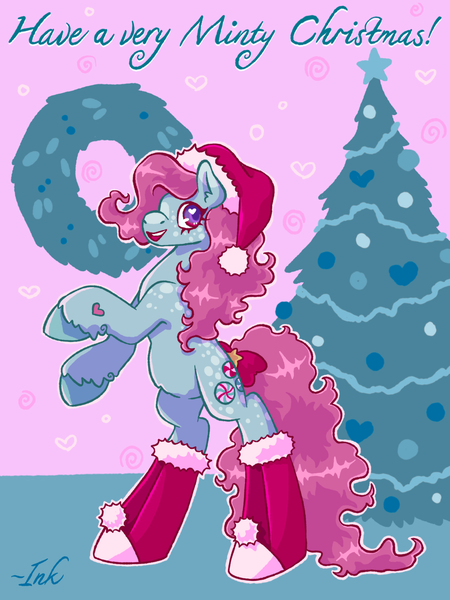 Size: 1536x2048 | Tagged: safe, artist:inkbl0t, derpibooru import, minty, earth pony, a very minty christmas, g3, boots, christmas, clothes, coat markings, dappled, derpibooru exclusive, green coat, hat, holiday, image, long mane, long tail, pink mane, png, purple eyes, rearing, santa hat, shoes, simple background, solo, spots, tail