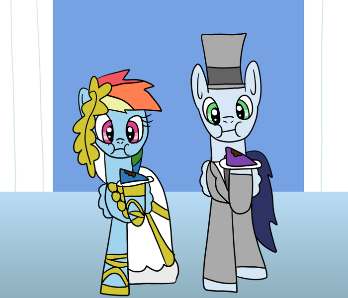 Size: 800x686 | Tagged: safe, artist:platinumdrop, ponerpics import, ponybooru import, rainbow dash, soarin', pegasus, pony, bride, cake, clothes, dress, eating, female, food, groom, husband and wife, image, just married, male, mare, marriage, married couple, png, shipping, soarindash, stallion, straight, tuxedo, wedding, wedding dress