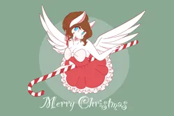 Size: 2048x1365 | Tagged: safe, artist:mscolorsplash, derpibooru import, oc, oc:color splash, unofficial characters only, anthro, pegasus, bare shoulders, bow, breasts, candy, candy cane, christmas, cleavage, clothes, dress, female, food, green background, holiday, image, merry christmas, open mouth, open smile, png, simple background, smiling, solo, spread wings, text, wings