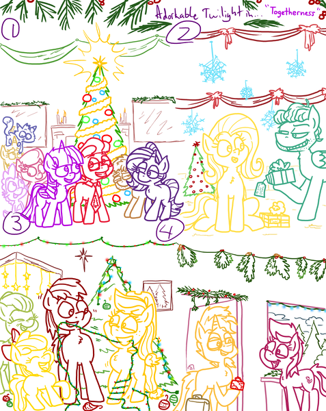Size: 4779x6013 | Tagged: safe, artist:adorkabletwilightandfriends, derpibooru import, apple bloom, applejack, big macintosh, fluttershy, granny smith, lily, lily valley, merry, moondancer, rarity, spike, starlight glimmer, surprise, twilight sparkle, twilight sparkle (alicorn), zephyr breeze, oc, oc:gray, oc:lawrence, oc:pinenut, alicorn, cat, comic:adorkable twilight and friends, g1, adorkable, adorkable twilight, bow, christmas, christmas decoration, christmas lights, christmas tree, comic, cute, decoration, door, dork, family, glasses, happy, hat, hearth's warming, hearth's warming tree, holiday, image, lights, love, merry christmas, missile, necktie, overjoyed, png, present, relationship, relationships, sitting, slice of life, smiling, snow, snowflake, stars, surprised, tree
