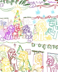 Size: 4779x6013 | Tagged: safe, artist:adorkabletwilightandfriends, derpibooru import, apple bloom, applejack, big macintosh, fluttershy, granny smith, lily, lily valley, merry, moondancer, rarity, spike, starlight glimmer, surprise, twilight sparkle, twilight sparkle (alicorn), zephyr breeze, oc, oc:gray, oc:lawrence, oc:pinenut, alicorn, cat, comic:adorkable twilight and friends, g1, adorkable, adorkable twilight, bow, christmas, christmas decoration, christmas lights, christmas tree, comic, cute, decoration, door, dork, family, glasses, happy, hat, hearth's warming, hearth's warming tree, holiday, image, lights, love, merry christmas, missile, necktie, overjoyed, png, present, relationship, relationships, sitting, slice of life, smiling, snow, snowflake, stars, surprised, tree