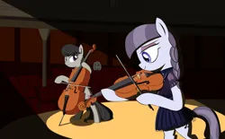 Size: 1920x1187 | Tagged: safe, artist:truthormare, ponerpics import, inky rose, lily lace, octavia melody, earth pony, pony, unicorn, bowtie, cello, clothes, dress, female, image, mare, musical instrument, performance, playing instrument, png, simple background, solo, spotlight, stage, violin