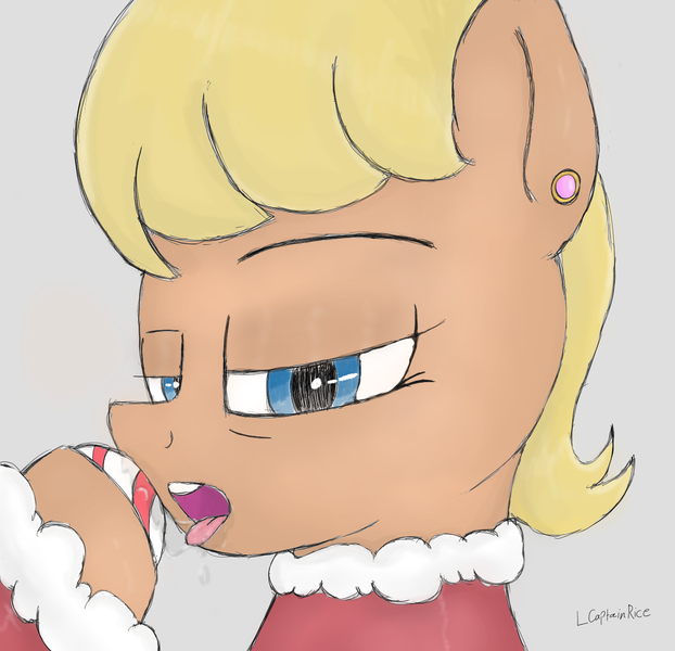 Size: 1353x1305 | Tagged: suggestive, artist:lcaptainrice, banned from derpibooru, deleted from derpibooru, derpibooru import, ms. harshwhinny, earth pony, pony, candy, christmas, christmas outfit, clothes, drool, eyebrows, food, g4, gray background, holiday, image, looking at you, open mouth, png, raised eyebrow, simple background, solo, unamused