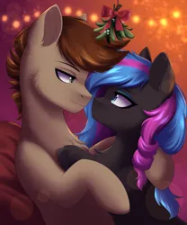 Size: 2184x2621 | Tagged: safe, artist:alunedoodle, derpibooru import, oc, oc:neighrator pony, oc:obabscribbler, earth pony, pony, couple, duo, female, garland, holiday, holly, hug, image, looking at each other, looking at someone, male, mistletoe, png, smiling, smug, two toned mane