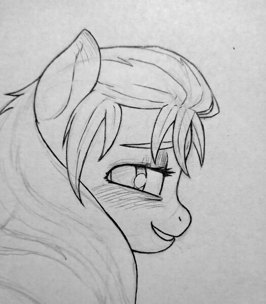 Size: 3072x3510 | Tagged: safe, artist:public mistake, derpibooru import, sunny starscout, earth pony, pony, g5, blushing, female, gray background, grayscale, grin, image, jpeg, looking back, mare, monochrome, simple background, smiling, solo, traditional art, wip