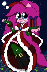 Size: 1329x2048 | Tagged: safe, artist:tenebrousmelancholy, derpibooru import, pinkie pie, anthro, earth pony, unguligrade anthro, 2023, boots, christmas, christmas lights, clothes, costume, digital art, holiday, image, merry christmas, night, png, present, santa costume, shoes, socks, stockings, thigh highs