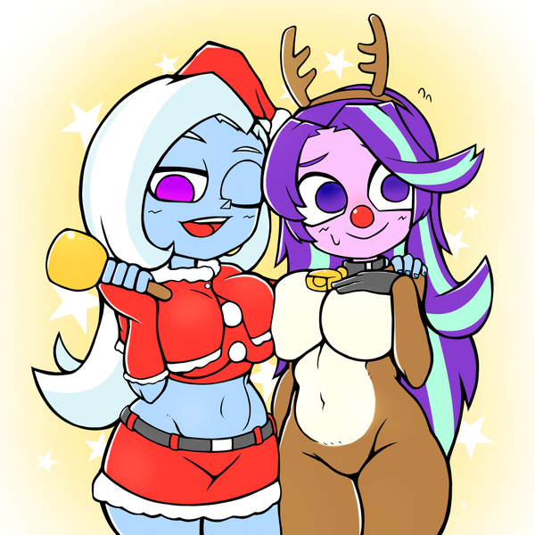 Size: 1543x1543 | Tagged: safe, artist:kyouman1010, derpibooru import, starlight glimmer, trixie, human, equestria girls, animal costume, antlers, bell, bell collar, belly button, breasts, busty starlight glimmer, busty trixie, christmas, clothes, collar, costume, duo, duo female, female, hat, holiday, image, jpeg, reindeer antlers, reindeer costume, santa hat
