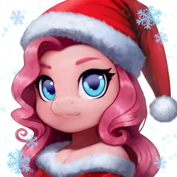 Size: 1920x1920 | Tagged: safe, artist:justvavx, derpibooru import, pinkie pie, earth pony, pony, bust, christmas, female, hat, holiday, image, mare, png, portrait, santa hat, simple background, snow, snowflake, white background