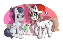 Size: 1098x728 | Tagged: safe, artist:tenderrain-art, derpibooru import, rumble, oc, oc:healing touch, pony, christmas, female, hat, holiday, image, magic, mare, png, santa hat, stethoscope