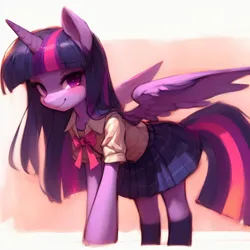 Size: 2048x2048 | Tagged: safe, ai content, derpibooru import, machine learning generated, prompter:krivovyaz, twilight sparkle, twilight sparkle (alicorn), alicorn, pony, black socks, blushing, bow, clothes, generator:bing image creator, image, png, skirt, smiling, socks, solo