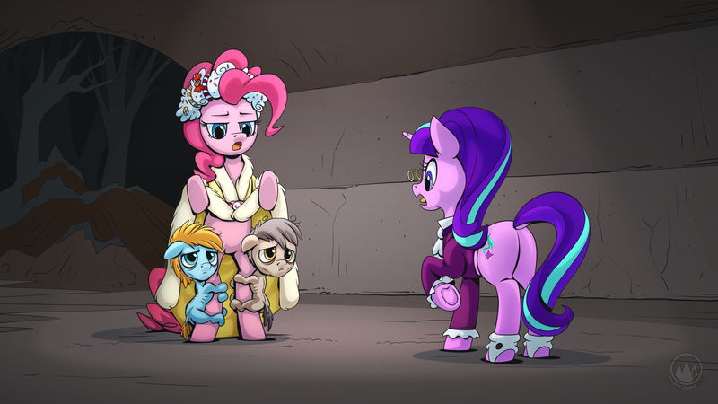 Size: 1920x1080 | Tagged: source needed, safe, alternate version, artist:mysticalpha, derpibooru import, pinkie pie, snowfall frost, spirit of hearth's warming presents, starlight glimmer, earth pony, pony, unicorn, a hearth's warming tail, a christmas carol, bipedal, butt, clothes, colt, commission, curtsey, dark background, female, filly, foal, g4, glimmer glutes, hug, ignorance, image, jpeg, leg hug, male, malnourished, mare, no dialogue, plot, robe, want