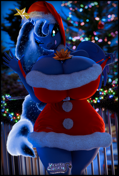 Size: 2160x3188 | Tagged: suggestive, artist:velvetcharm, derpibooru import, princess luna, alicorn, anthro, art pack:santa's little hoes, 3d, balcony, big breasts, blender, blender cycles, blurry background, breasts, busty princess luna, christmas, christmas lights, christmas star, christmas tree, city, ethereal mane, female, g4, garland, hat, holiday, huge breasts, image, one eye closed, png, ribbon bow tie, santa hat, solo, solo female, starry mane, teasing, tongue out, tree, wink
