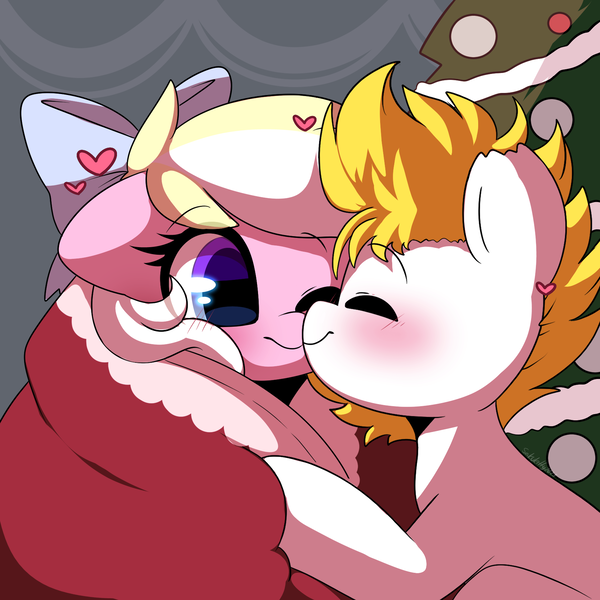 Size: 1744x1743 | Tagged: safe, artist:sakukitty, derpibooru import, oc, oc:alabastor amril, oc:bay breeze, earth pony, pegasus, pony, blanket, blushing, boop, bow, christmas, christmas tree, commission, cute, hair bow, heart, holiday, image, love, noseboop, png, shipping, tree, weapons-grade cute, ych result