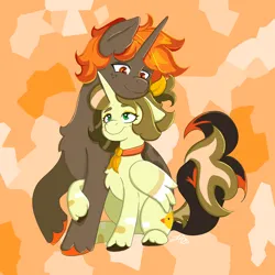 Size: 2048x2048 | Tagged: safe, artist:duckyia, derpibooru import, oc, unofficial characters only, alicorn, bird, duck, pony, unicorn, bow, bowtie, couple, cuddling, cute, duo, hair bow, hug, image, love, orange background, png, raised hoof, simple background, sitting, tail, tail wrap