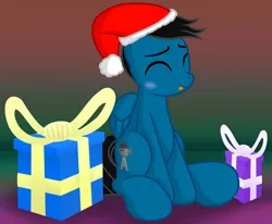Size: 8026x6600 | Tagged: safe, artist:agkandphotomaker2000, derpibooru import, oc, oc:pony video maker, pegasus, pony, :p, blushing, christmas, folded wings, hearth's warming, holiday, image, pegasus oc, png, present, simple background, sitting, solo, tongue out, wings
