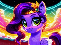 Size: 4096x3072 | Tagged: safe, ai content, derpibooru import, machine learning generated, prompter:kluknawa235, stable diffusion, pipp petals, pegasus, pony, g5, chest fluff, cloud, crown, ear fluff, generator:pony diffusion v6 xl, generator:purplesmart.ai, image, jewelry, jpeg, pixel art, regalia, smiling, stars
