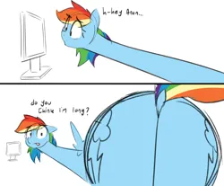Size: 1430x1182 | Tagged: source needed, suggestive, artist:welost, rainbow dash, pegasus, butt, dock, huge butt, image, implied anon, large butt, long neck, looking at you, looking back, looking back at you, neck, partial color, png, simple background, sketch, solo, white background