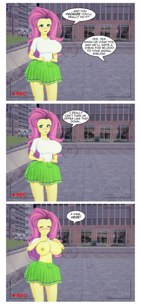 Size: 2090x4520 | Tagged: questionable, artist:misunderstoodsecrets, derpibooru import, fluttershy, human, equestria girls, 3d, big breasts, blushing, breasts, bribery, busty fluttershy, camera shot, clothes, comic, dialogue, embarrassed, embarrassed nude exposure, exposed breasts, eyes closed, female, flashing, image, koikatsu, nipples, nudity, offscreen character, png, shirt, shirt lift, solo, solo female, speech bubble
