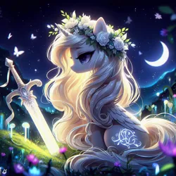 Size: 1024x1024 | Tagged: prompter needed, safe, ai content, derpibooru import, machine learning generated, oc, unnamed oc, unofficial characters only, alicorn, butterfly, insect, pony, detailed, female, floral head wreath, flower, full body, generator:dall-e 3, image, jpeg, long mane, mare, moon, mushroom, night, night sky, sitting, sky, solo, sword, weapon