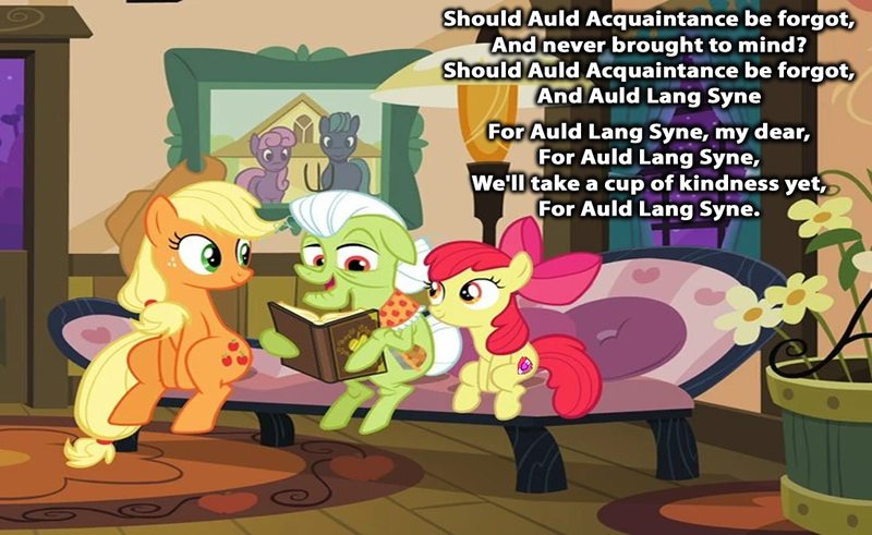 Size: 1097x673 | Tagged: safe, derpibooru import, edit, edited screencap, editor:incredibubbleirishguy, screencap, apple bloom, applejack, granny smith, earth pony, pony, apple family reunion, apple bloom's cutie mark, apple sisters, auld lang syne, days gone by, elderly, exploitable meme, female, filly, image, lyrics, mare, meme, new year, png, siblings, sisters, text, young mare