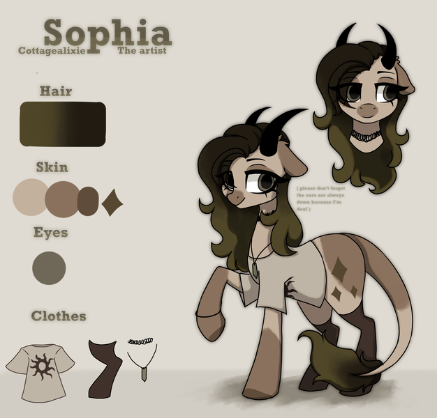 Size: 1950x1870 | Tagged: safe, artist:_alixxie_, derpibooru import, oc, oc:sophia (alixxie), earth pony, pony, clothes, female, horns, image, mare, png, reference sheet, shirt, socks, solo