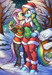 Size: 1152x1664 | Tagged: suggestive, ai content, derpibooru import, prompter:darkfire681, fluttershy, rainbow dash, anthro, christmas, duo, female, flutterdash, g4, generator:easyfluff v11.2, hand on hip, hand on waist, hat, holiday, image, lesbian, png, santa hat, shipping, snow, snowfall