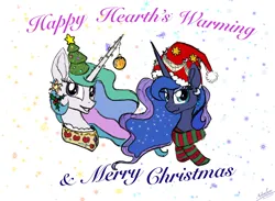 Size: 2698x1976 | Tagged: safe, alternate version, artist:lunadorable, derpibooru import, princess celestia, princess luna, alicorn, pony, bauble, bust, christmas, christmas lights, christmas tree, clothes, colored, colored sketch, ear piercing, earring, ethereal mane, eyeshadow, female, hat, heart, hearth's warming, holiday, image, jewelry, lineart, looking at you, makeup, mistletoe, ornament, piercing, png, royal sisters, santa hat, scarf, siblings, signature, sisters, sketch, smiling, smiling at you, stars, striped scarf, text, traditional art, tree