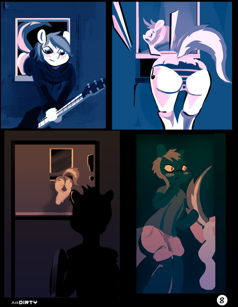 Size: 2550x3300 | Tagged: suggestive, artist:dirtyscoundrel, derpibooru import, vinyl scratch, oc, semi-anthro, alley, butt, clothes, comic, crotch bulge, electric guitar, female, guitar, high res, hoodie, image, imminent rape, imminent sex, lineless, male, monochrome, musical instrument, night, png, skirt, striped underwear, stuck, underwear, window