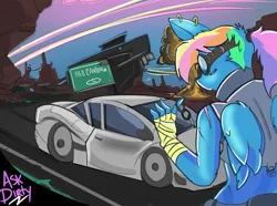 Size: 3125x2327 | Tagged: safe, artist:dirtyscoundrel, derpibooru import, rainbow dash, anthro, pegasus, bandage, canyon, car, clothes, cyberpunk, female, goggles, high res, image, key, midriff, pinup, png, road, solo