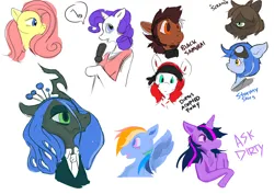 Size: 3000x2121 | Tagged: safe, artist:dirtyscoundrel, derpibooru import, fluttershy, queen chrysalis, rainbow dash, rarity, twilight sparkle, oc, oc:blacksamurai, oc:stormy skies, changeling, changeling queen, pegasus, pony, unicorn, bandana, bust, clothes, facial hair, female, goatee, goggles, high res, image, jpeg, male, mare, microphone, pictogram, portrait, simple background, singing, sketch, sketch dump, stallion, suit, white background