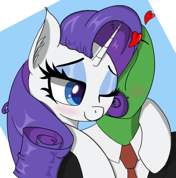 Size: 879x889 | Tagged: safe, artist:raritymylove, derpibooru import, rarity, oc, oc:anon, pony, blushing, cute, ear fluff, heart, hug, image, one eye closed, png, wink