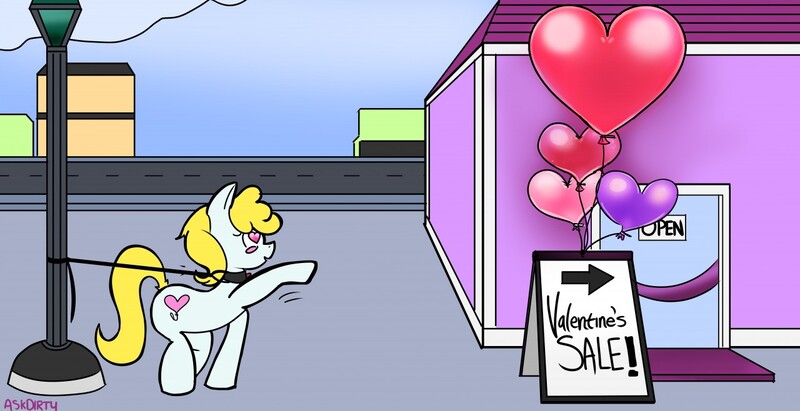 Size: 1280x658 | Tagged: safe, artist:dirtyscoundrel, derpibooru import, oc, oc:tender heart, unofficial characters only, earth pony, pony, balloon, heart, heart balloon, heart eyes, image, jpeg, lamppost, leash, reaching, solo, wingding eyes