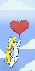 Size: 634x1280 | Tagged: safe, artist:dirtyscoundrel, derpibooru import, oc, oc:tender heart, unofficial characters only, earth pony, pony, balloon, flying, heart, heart balloon, hoof hold, image, jpeg, looking at something, sky, solo