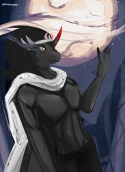 Size: 2931x4000 | Tagged: safe, artist:dirtyscoundrel, derpibooru import, king sombra, anthro, unicorn, cape, clothes, full moon, high res, image, jpeg, male, moon, night, partial nudity, pinup, raised hand, solo, solo male, topless