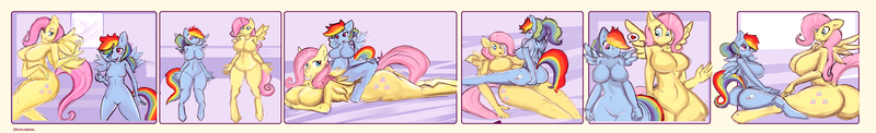 Size: 10000x1528 | Tagged: questionable, artist:dirtyscoundrel, derpibooru import, fluttershy, rainbow dash, anthro, pegasus, unguligrade anthro, barbie doll anatomy, blushing, breast expansion, breasts, busty fluttershy, butt expansion, comic, featureless breasts, female, flutterdash, growth, heart, high res, image, lesbian, lying down, on back, pictogram, png, prone, riding, shipping, sitting, sitting on person, size difference, wide hips