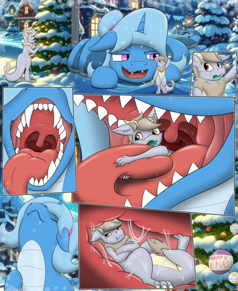 Size: 3600x4400 | Tagged: suggestive, artist:triksa, derpibooru import, oc, oc:splitter, oc:triksa, kobold, lamia, original species, ai assisted background, christmas, comic, holiday, image, internal, mawshot, open mouth, png, size difference, snow, tongue out, tree, unaware, unaware vore, vore, winter