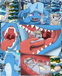 Size: 3600x4400 | Tagged: suggestive, artist:triksa, derpibooru import, oc, oc:splitter, oc:triksa, kobold, lamia, original species, ai assisted background, christmas, comic, holiday, image, internal, mawshot, open mouth, png, size difference, snow, tongue out, tree, unaware, unaware vore, vore, winter