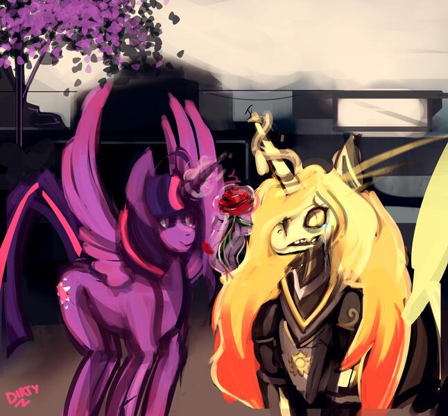 Size: 4308x4000 | Tagged: safe, artist:dirtyscoundrel, derpibooru import, nightmare star, twilight sparkle, twilight sparkle (alicorn), alicorn, pony, alternate universe, armor, cherry blossoms, crying, duo, female, flower, flower blossom, glow, glowing horn, high res, horn, image, jpeg, levitation, magic, mare, rose, shattered equestria au, smiling, spread wings, teary eyes, telekinesis, wings