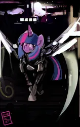 Size: 760x1200 | Tagged: safe, artist:dirtyscoundrel, derpibooru import, twilight sparkle, twilight sparkle (alicorn), alicorn, pony, alternate universe, armor, artificial wings, augmented, city, female, image, mare, mechanical wing, night, png, shattered equestria au, solo, spread wings, walking, wings