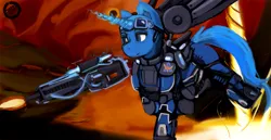 Size: 3333x1715 | Tagged: safe, artist:dirtyscoundrel, derpibooru import, oc, oc:flint, unofficial characters only, pony, unicorn, armor, artificial wings, augmented, calm, glow, glowing horn, gun, high res, horn, image, lava, mechanical wing, png, rifle, running, science fiction, shooting, solo, weapon, wings