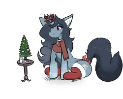 Size: 3831x3083 | Tagged: safe, artist:dirtyscoundrel, derpibooru import, oc, unofficial characters only, pony, unicorn, christmas, christmas stocking, christmas tree, clothes, female, hair over one eye, high res, holiday, horn, image, mare, mistletoe, mistletoe horn, png, scarf, simple background, sitting, smiling, solo, tree, white background