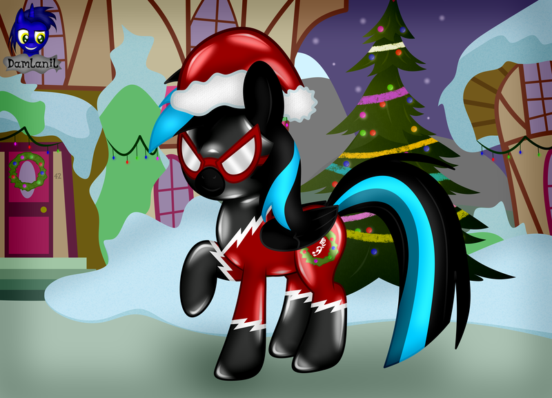 Size: 5760x4154 | Tagged: safe, artist:damlanil, derpibooru import, oc, oc:nightlight aura, pegasus, pony, bodysuit, christmas, christmas decoration, christmas tree, clothes, commission, costume, decoration, female, goggles, hat, holiday, house, image, latex, latex suit, mare, png, rubber, santa hat, shadowbolts, shadowbolts costume, shiny, show accurate, snow, solo, suit, tree, uniform, vector, wings