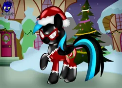 Size: 5760x4154 | Tagged: safe, artist:damlanil, derpibooru import, oc, oc:nightlight aura, pegasus, pony, bodysuit, christmas, christmas decoration, christmas tree, clothes, commission, costume, decoration, female, goggles, hat, holiday, house, image, latex, latex suit, mare, png, rubber, santa hat, shadowbolts, shadowbolts costume, shiny, show accurate, snow, solo, suit, tree, uniform, vector, wings