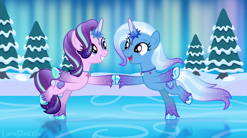 Size: 3840x2160 | Tagged: safe, artist:limedazzle, derpibooru import, starlight glimmer, trixie, pony, g5, auroricorn, crystal horn, dancing, glitter, grin, happy, horn, ice, image, open mouth, open smile, png, race swap, reflection, smiling, tree, unshorn fetlocks