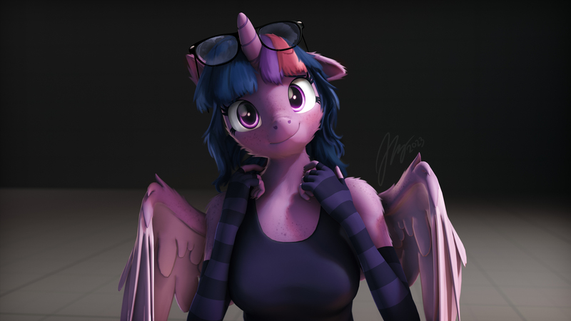 Size: 3840x2160 | Tagged: safe, alternate version, artist:imafutureguitarhero, derpibooru import, sci-twi, twilight sparkle, twilight sparkle (alicorn), alicorn, anthro, unguligrade anthro, comic:role reversal, series:twilight's sexual deviancy, 3d, 4k, 4k resolution, adorable face, adorkable, alicornified, arm fluff, arm freckles, blushing, c:, cheek fluff, chest fluff, chest freckles, clothes, colored eyebrows, colored eyelashes, colored wings, cute, cuteness overload, daaaaaaaaaaaw, derpibooru exclusive, dork, ear fluff, ear freckles, evening gloves, female, film grain, fingerless elbow gloves, fingerless gloves, floppy ears, fluffy, fluffy hair, fluffy mane, freckles, fur, g4, glasses, glasses off, gloves, head tilt, high res, horn, image, jpeg, long gloves, looking at camera, looking at you, multicolored hair, multicolored mane, neck fluff, nose wrinkle, offscreen character, one ear down, paintover, pointing at self, pov, race swap, revamped anthros, revamped ponies, role reversal, sci-twilicorn, shoulder fluff, shoulder freckles, signature, single panel, smiling, solo, source filmmaker, stage.bsp, striped gloves, tanktop, twiabetes, two toned wings, wall of tags, wing fluff, wing freckles, wings