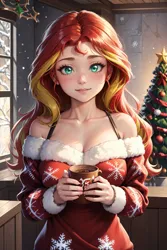 Size: 1024x1536 | Tagged: safe, ai content, derpibooru import, editor:sammykun, machine learning generated, sunset shimmer, human, beautiful, breasts, busty sunset shimmer, chocolate, christmas, christmas tree, cleavage, clothes, coffee cup, coffee mug, cup, cute, female, food, g4, generator:yodayo, holiday, hot chocolate, humanized, image, jpeg, long hair, long sleeves, looking at you, mug, prompter:sammykun, reasonably sized breasts, shimmerbetes, shoulderless, solo, sweater, tree, window, wood