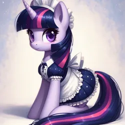 Size: 1024x1024 | Tagged: prompter needed, safe, ai content, derpibooru import, machine learning generated, twilight sparkle, pony, unicorn, clothes, female, g4, generator:dall-e 3, image, jpeg, long tail, looking at you, maid, maid headdress, maidlight sparkle, mare, pale, solo, tail, unicorn twilight