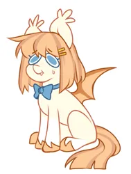 Size: 643x851 | Tagged: safe, artist:cheekipone, ponerpics import, oc, oc:honey milk, unofficial characters only, bat pony, pony, bat pony oc, bat wings, bowtie, ear tufts, female, grin, hairclip, image, mare, nervous, nervous grin, png, sitting, smiling, solo, spread wings, sweat, teeth, unshorn fetlocks, wings