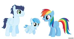 Size: 750x395 | Tagged: safe, artist:artistgirl0007, ponerpics import, ponybooru import, rainbow dash, soarin', oc, oc:lightning cloud, pegasus, pony, colt, female, foal, image, jpeg, male, mare, offspring, parent:rainbow dash, parent:soarin', parents:soarindash, shipping, simple background, soarindash, stallion, straight, white background